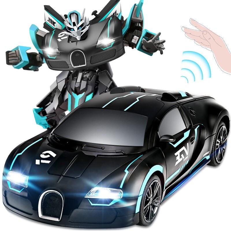 JJR/C 感应变形车遥控汽车机器人 大型32cm男孩儿童玩具车rc遥控车 3-10周岁礼物小孩赛车 布加迪（蓝黑）